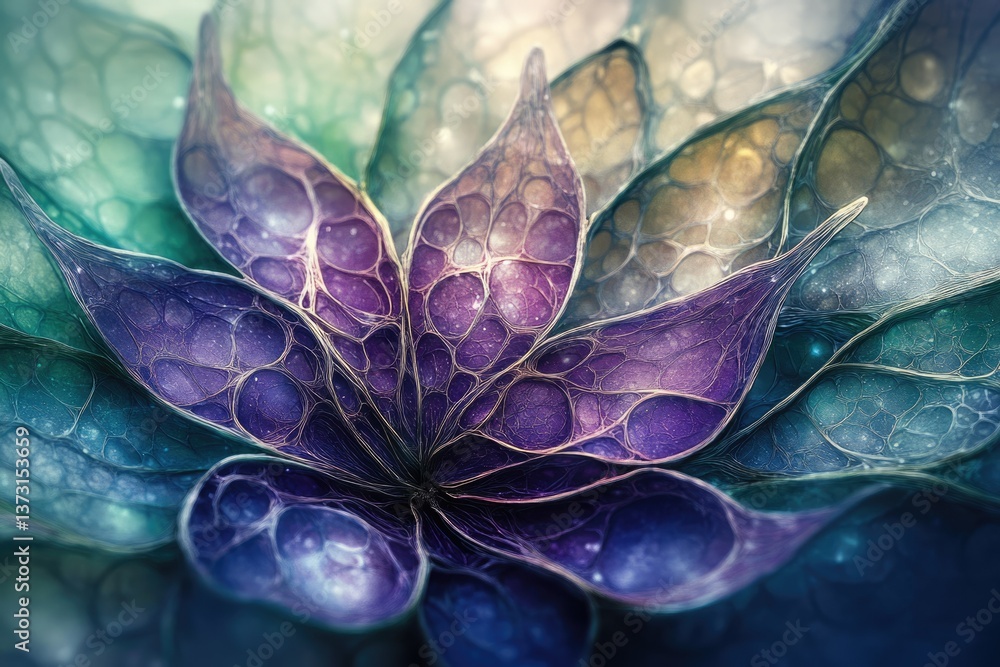 Poster abstract flower with purple and teal petals featuring intricate cell-like patterns and ethereal glow