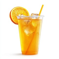 fresh orange juice with ice in takeaway cup, white background