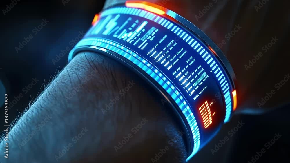 Poster close up of futuristic smartwatch displaying scrolling lines of code and changing data on person's w