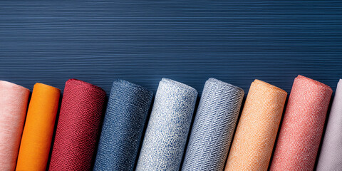 Fabric Rolls: Array of colorful textile samples on a blue wood surface. Variety of textures and colors.
