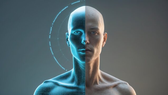 Humanoid body split half data digital form. Portrait of man with blue light pixels representing information around head and shoulders.