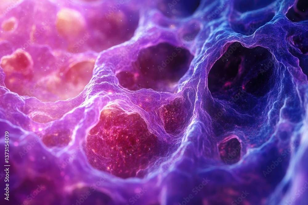 Poster abstract rendering of cellular structures with a vibrant blend of purple, pink, and blue hues creati