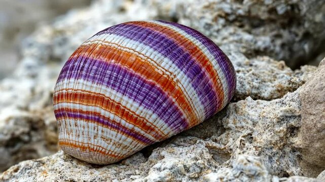 Colorful striped shell resting on rocky surface near the shore at sunset