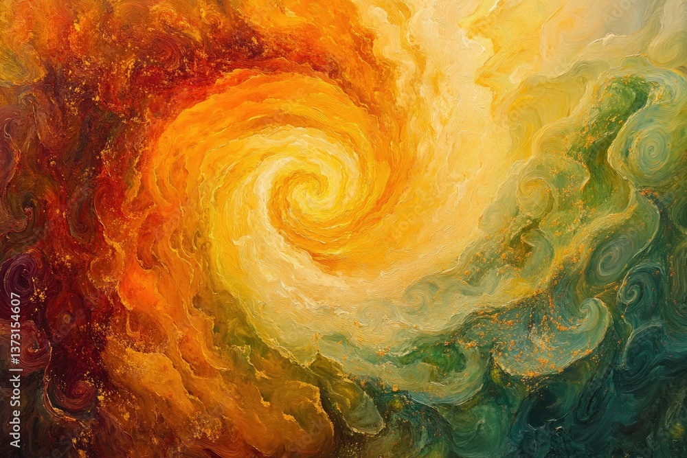 Poster A vibrant abstract painting featuring a swirling vortex of warm colors transitioning into cooler hues, creating a mesmerizing visual effect.