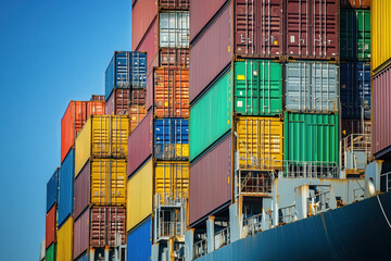 Fototapeta premium Close-up of many containers loaded on a cargo ship