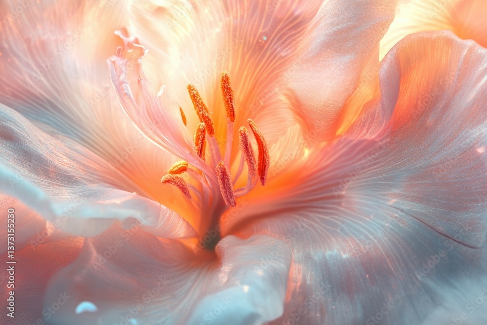 Poster delicate macro shot of a flower with translucent petals and vibrant orange pistils, illuminated with