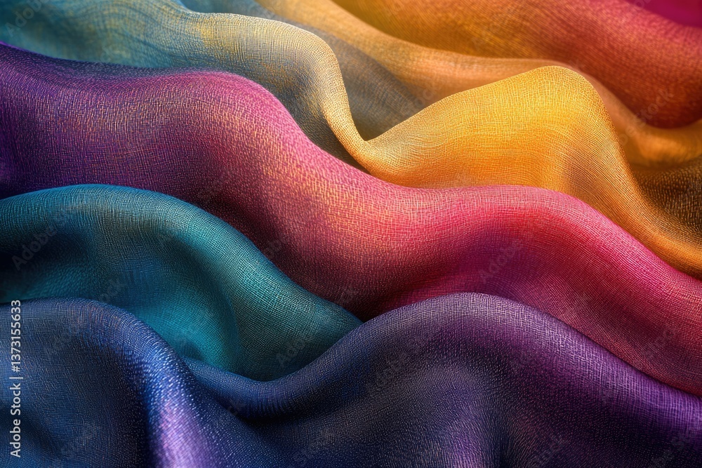 Poster colorful, flowing fabric creates a visually appealing texture with vibrant hues and subtle shading, 