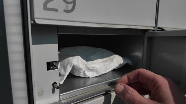 Opening the pick-up point box. Taking the parcel out of the pick up point box. The concept of consumerism and fast lifestyle