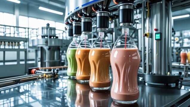 Factory machine fills glass bottles. Green, yellow, pink liquids inside. Industrial bottling line in bright room with metal equipment.