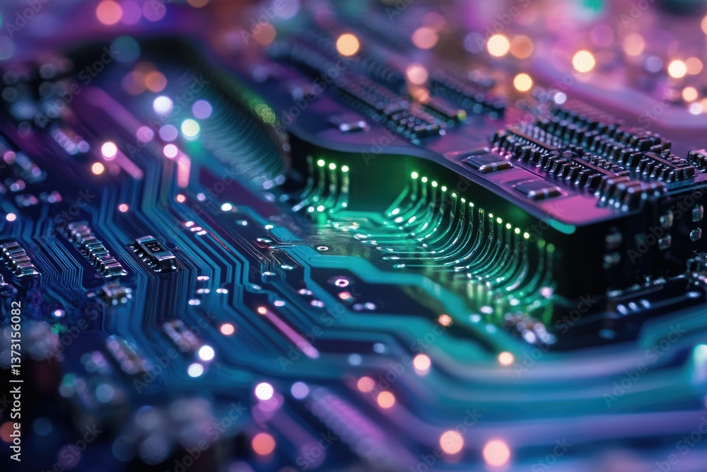 Poster A vibrant close-up reveals a computer circuit board, its intricate network illuminated with glowing LEDs in electric hues.