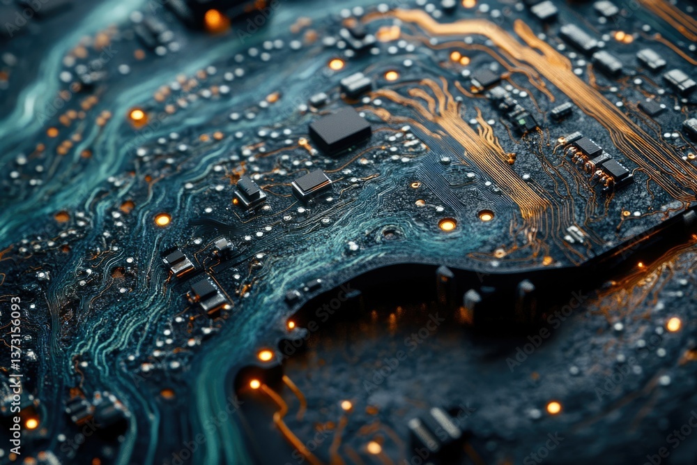 Fototapete a close-up view reveals the intricate design and components of a complex electronic circuit board, s