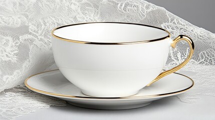 Fototapeta premium White Teacup and Saucer with Gold Rim on Lace Fabric