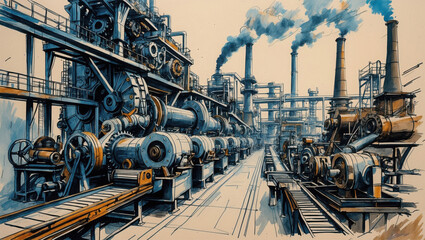 Fototapeta premium Industrial Factory View Ink Drawing. Factory machines producing smoke from tall pipes. Blue and tan building machinery line perspective with conveyor.