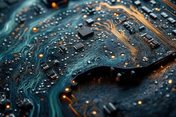 Fototapeta premium A close-up view reveals the intricate design and components of a complex electronic circuit board, showcasing modern technology and microchip engineering.