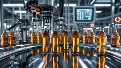 Factory conveyor with brown drink bottles. Automatic machinery placing liquid into containers during production process. Metallic and plastic materials visible.