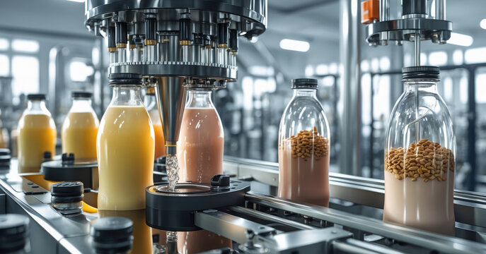 Factory fills glass bottles with colorful liquids and granules on conveyor belt. Automatic machine pouring content inside containers in food production line.