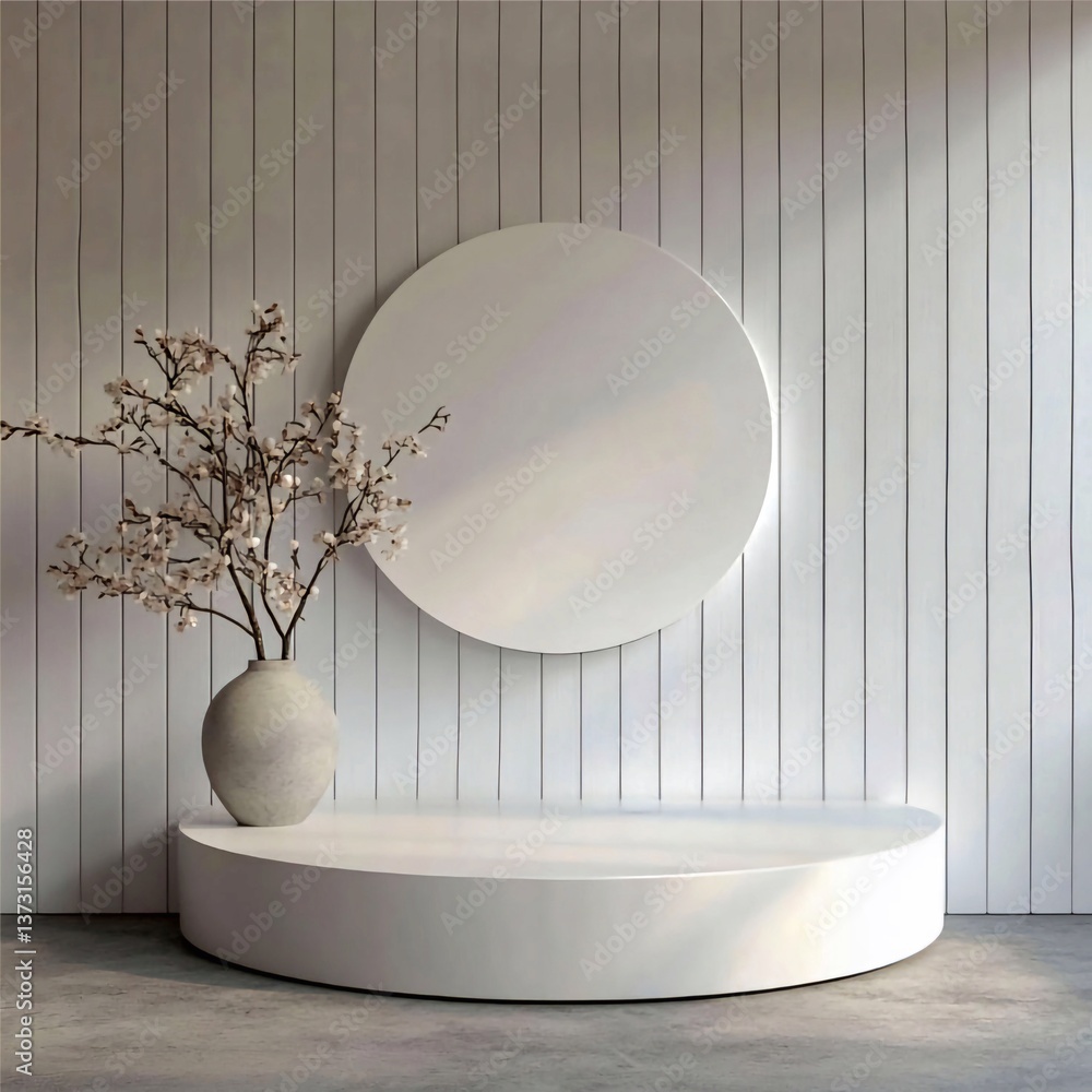 Poster 3d rendering of white circle podium in a minimalist interior. generative ai