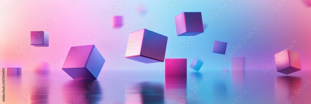 Poster Floating colorful 3D cubes in a futuristic minimalistic background with soft reflections and neon gradients create a captivating visual experience