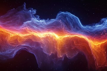 A stunning depiction of a colorful nebula with vibrant orange and blue hues against a backdrop of starry night sky.