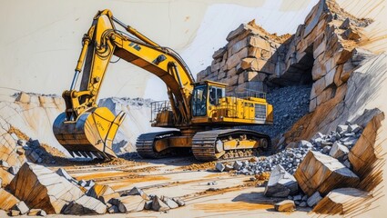 Fototapeta premium Yellow excavator digs stone. Quarry mine pit with rocks. Ink sketch illustration showing construction machine at work site