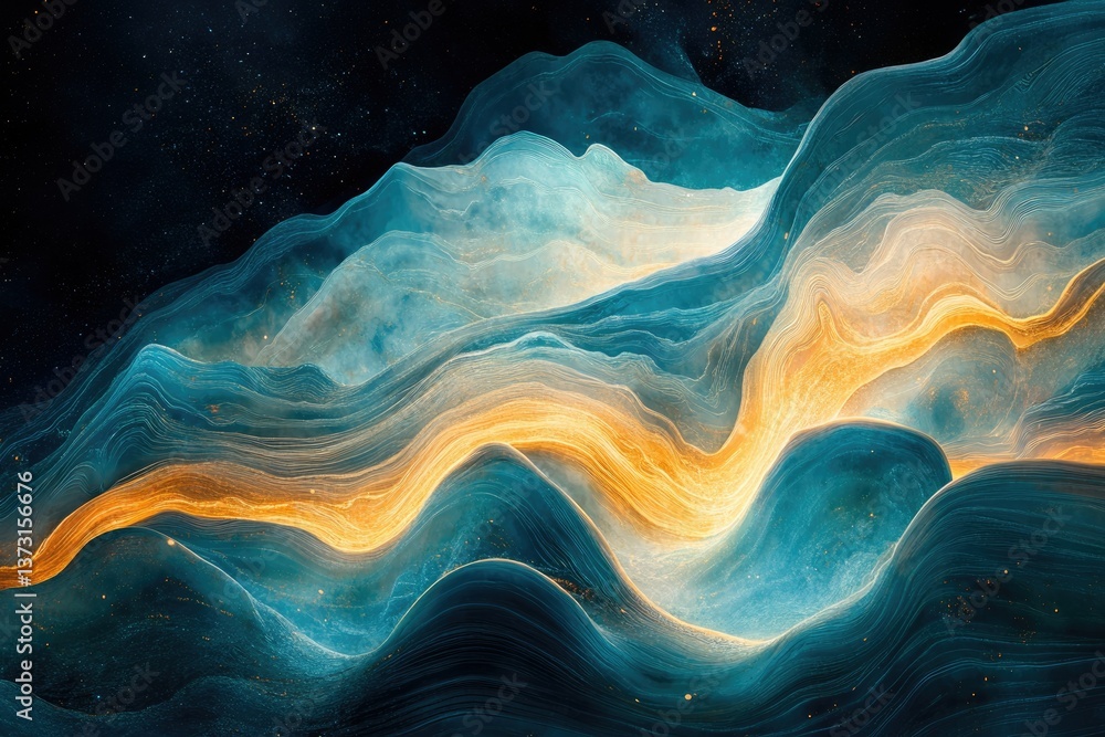 Poster abstract waves of teal and gold hues, illuminated by starlight, creating a dreamy and ethereal lands