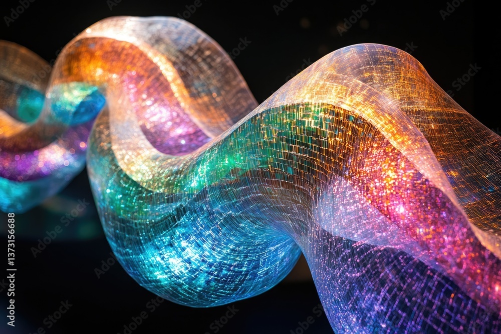 Aufkleber a flowing, woven structure of shimmering, rainbow-colored light is displayed against a dark backdrop