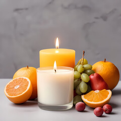candle in blank glass, aromatherapy candle with fruits on background, mock up scented candle brand  