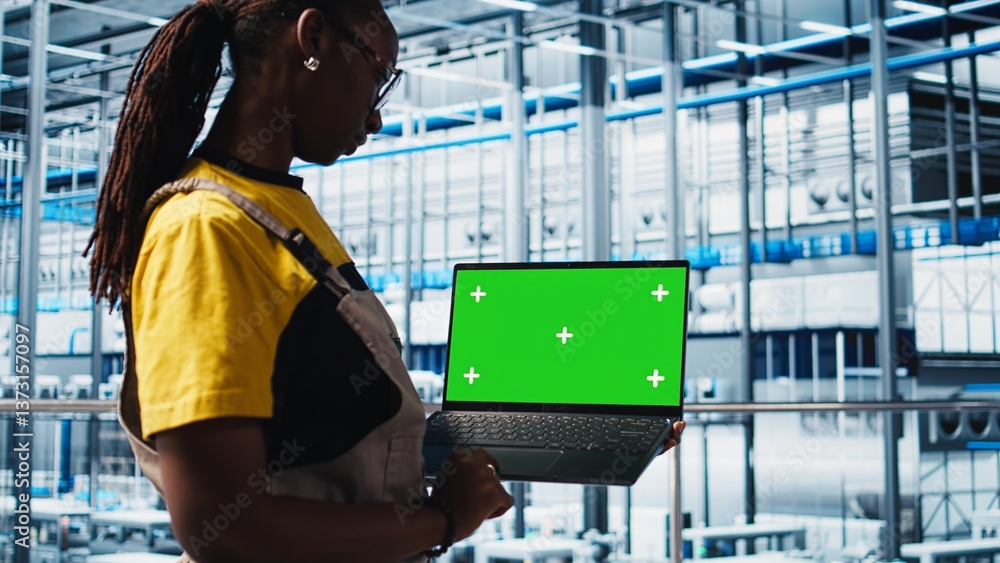 Aufkleber smart factory specialist using mockup laptop to test automated systems and ensure reliability. woman