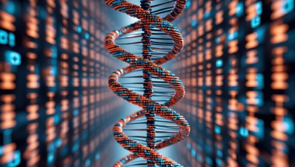Digital DNA double helix structure illustration. Binary code background with orange and blue colors. Molecular biology concept with numeric data stream.