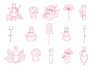 Whimsical Floral and Fungi Illustration: A captivating artistic illustration featuring a collection of exquisitely designed fungi and flora.