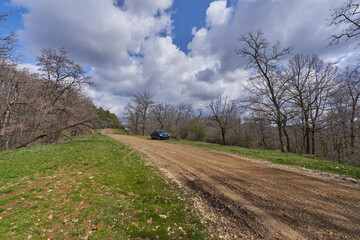 Car on muddy forest road.........