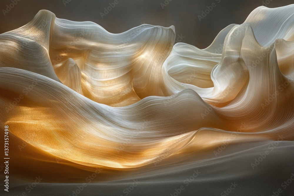 Poster abstract waves of translucent fabric with golden light shining through the folds, creating a surreal
