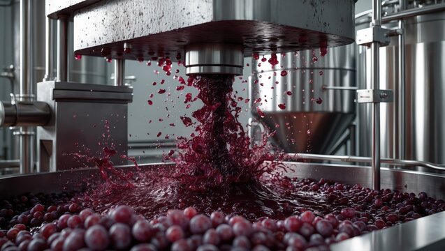 Grape crushing machine. Red grape juice splashes within industrial factory. Stainless steel equipment pushes down on grapes. Liquid flows and splashes.