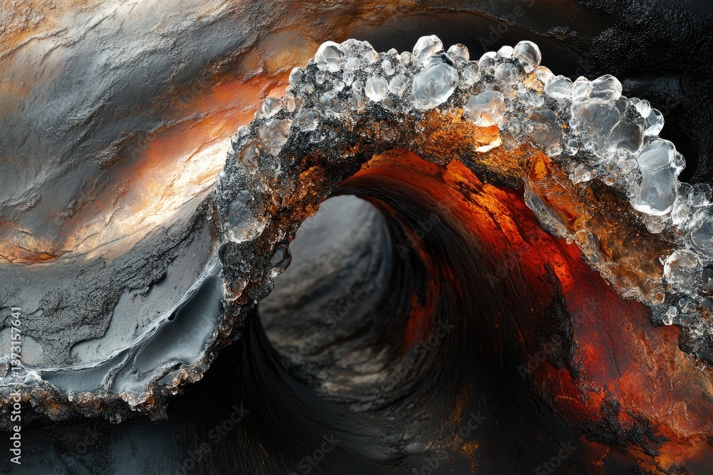 Poster dramatic contrast of ice-covered rock with hints of fiery orange depths within a cavernous space.