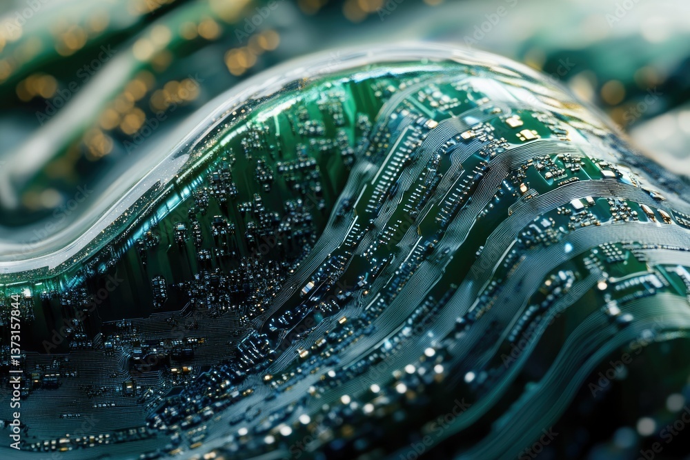 Aufkleber A wave-like structure of green circuit boards under glass, symbolizing technology and innovation in an abstract futuristic form.