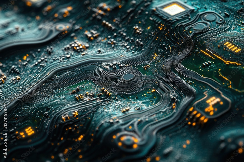 Fototapete detailed close-up of a teal and orange circuit board showcasing intricate pathways and electronic co