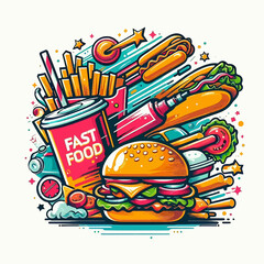 Fast food poster logo in a vector illustration on a white background, EPS10 format, perfect for advertising fast food with a bright and appetizing design.