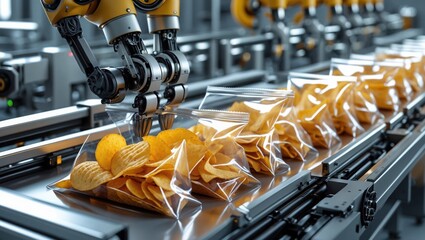 Factory machine arm packs golden potato chips inside transparent plastic bags on silver assembly line. Food industry automation system conveyor belt.