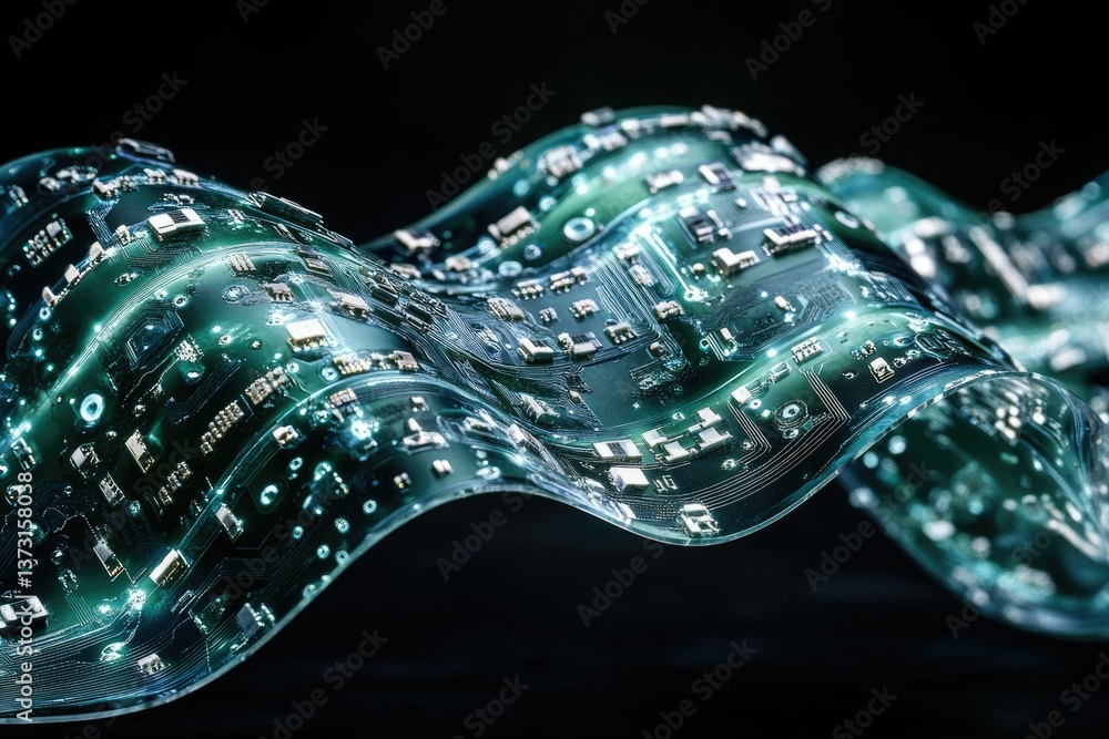 Poster abstract, flowing circuit board with intricate details and bright accents against a dark background,