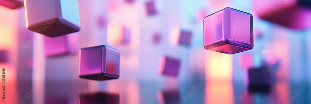 Poster Futuristic minimalistic background with floating colorful 3D cubes in soft reflections and neon gradients during a digital creative rendering