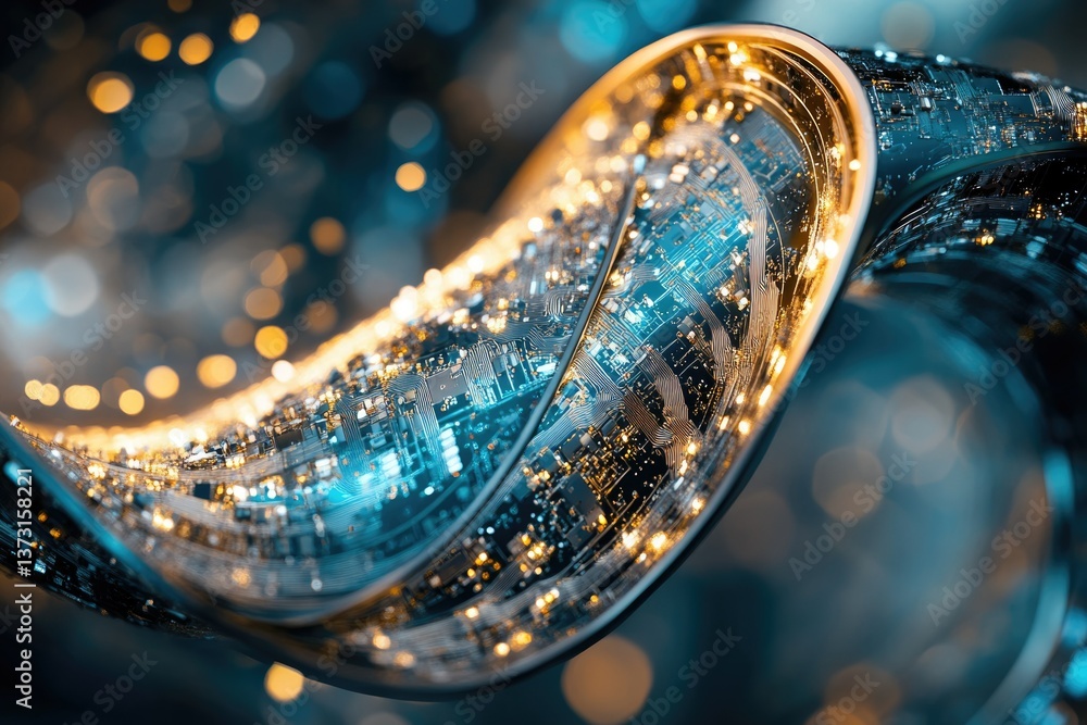 Poster Abstract rendering of a futuristic, flowing technology circuit with vibrant blue and gold lights and bokeh background.