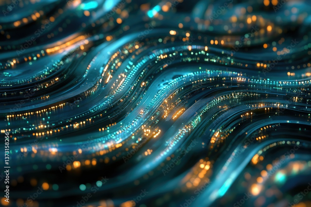 Poster Abstract depiction of digital data streams flowing in waves, accented with glowing particles, rendered in shades of blue and gold.