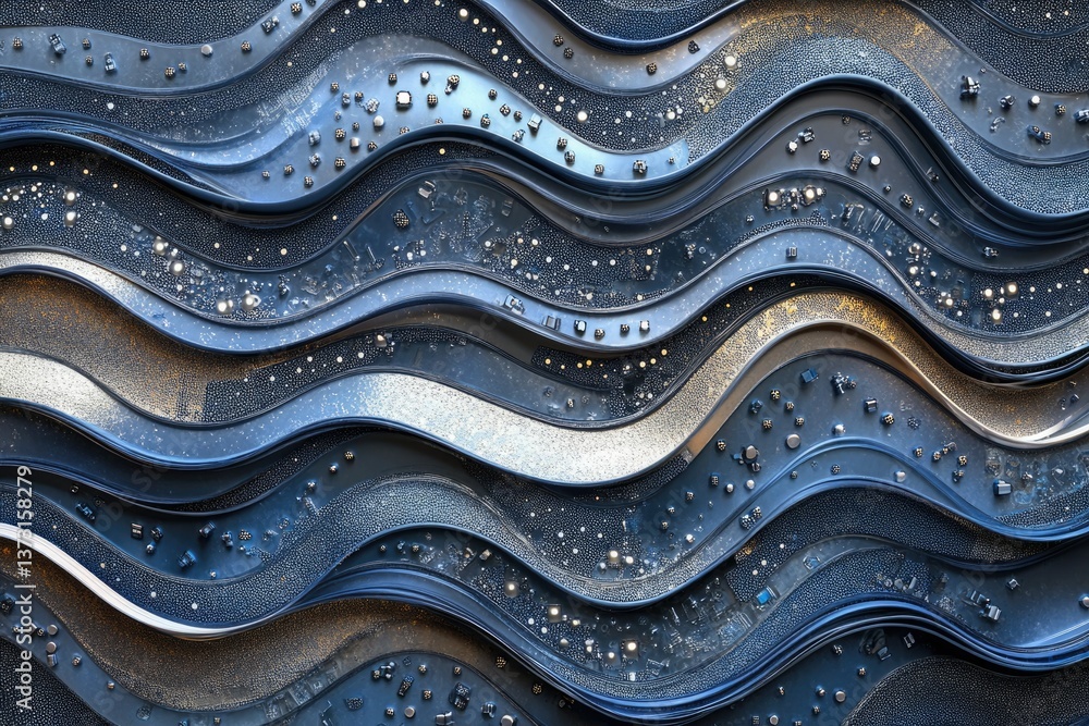 Aufkleber abstract blue and silver waves, decorated with sparkles and textured details, creating a dynamic, el