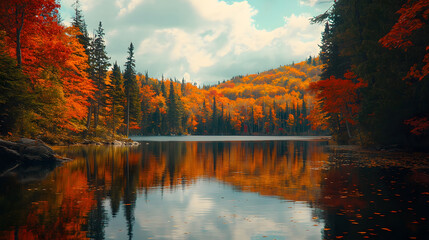 Scenic autumn lake landscape. Peaceful scene of a pristine lake reflecting colorful fall foliage with orange and red trees against a backdrop of rolling hills and a cloudy sky.