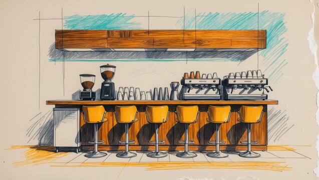 Cafe Bar Sketch. Coffee grinders, espresso machines, cups and yellow stools stand on brown counter. Teal and gray coloring above bar shelf.