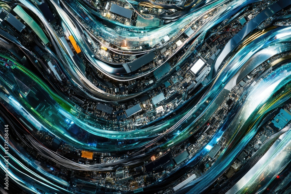 Aufkleber Abstract technological artwork showcasing intertwined circuits, flowing data streams, and complex interconnections in a visually stunning representation of the digital age.