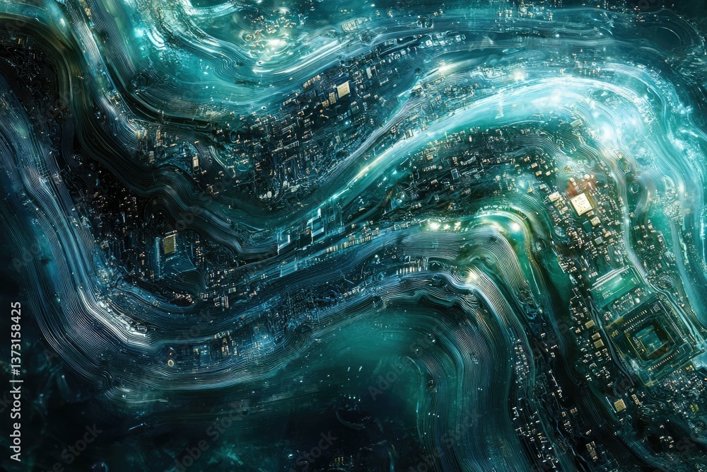 Poster Circuit board design resembling flowing water with bright highlights and intricate details in a dark teal color scheme.