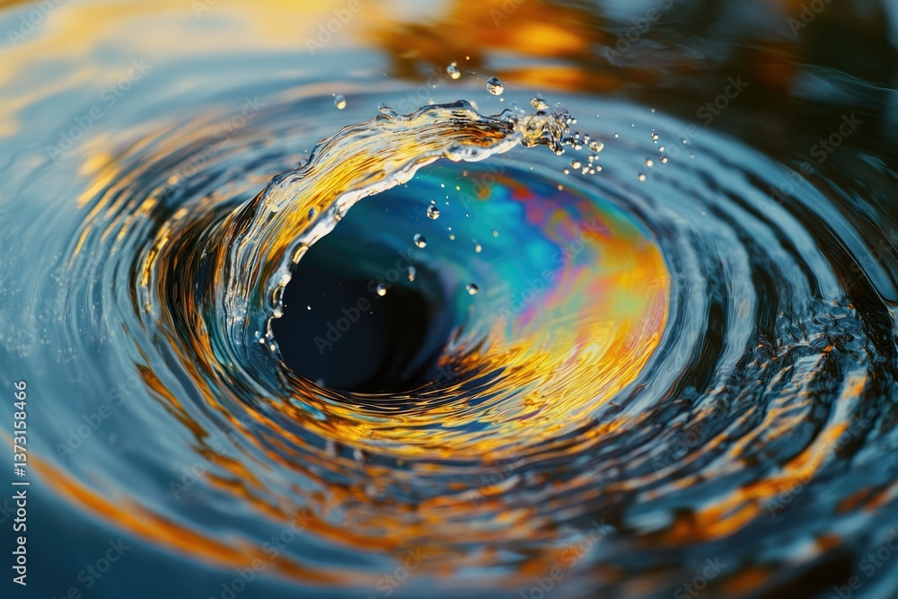 Poster a mesmerizing shot of swirling water forming a vortex with iridescent reflections, showcasing dynami