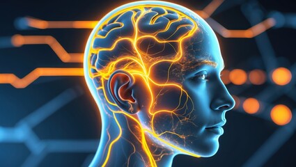 Obraz premium Humanoid brain activity diagram. Glowing orange nerve pathways inside blue head. Neural network and brain connections.