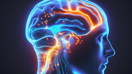 Human head with illuminated brain showing glowing orange areas and connecting blue lines on dark background. Concept for mental activity or neurological function.